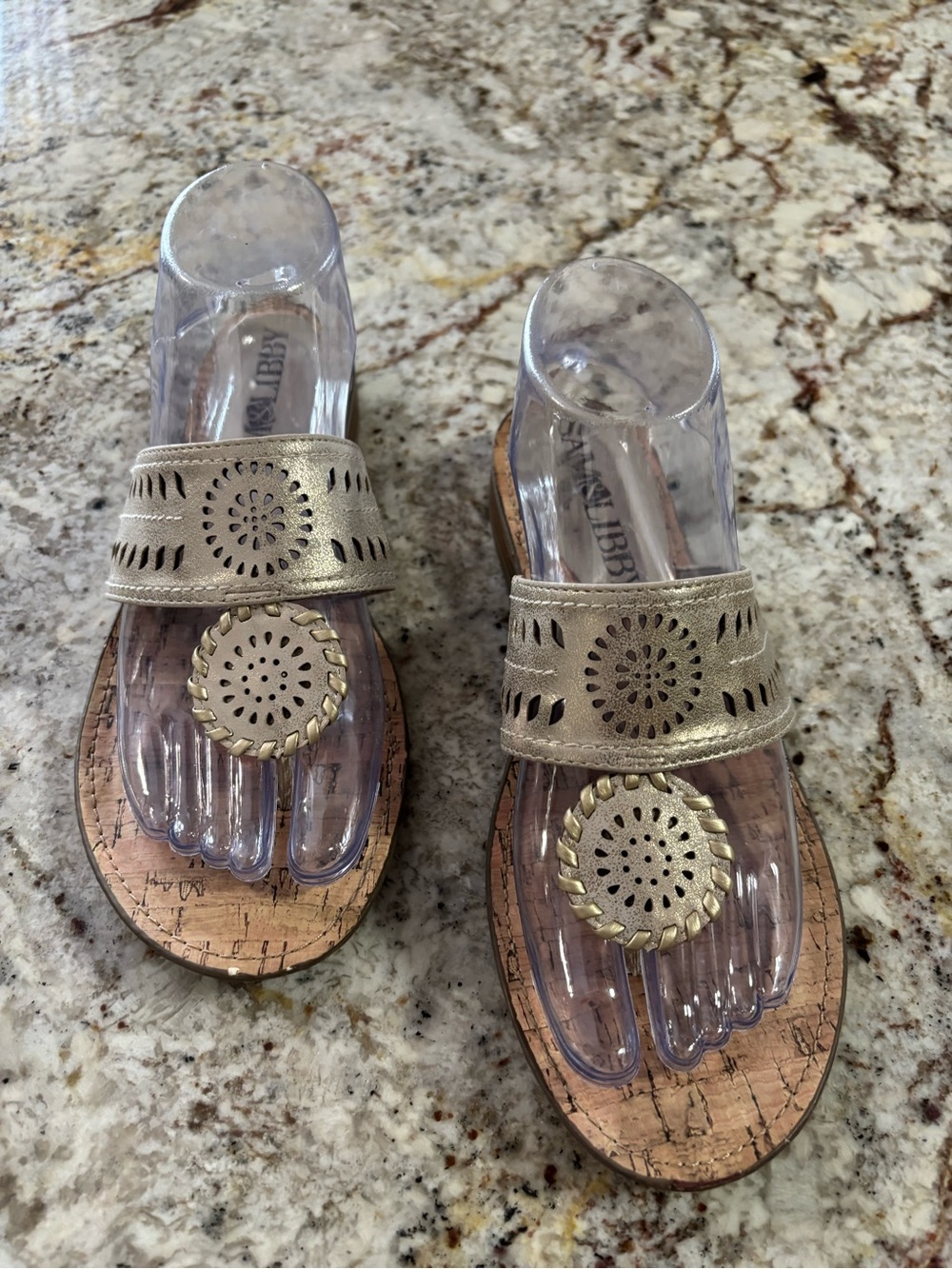 Sam & Libby Metallic Gold Toe-Ring Sandals with Decorative Medallions